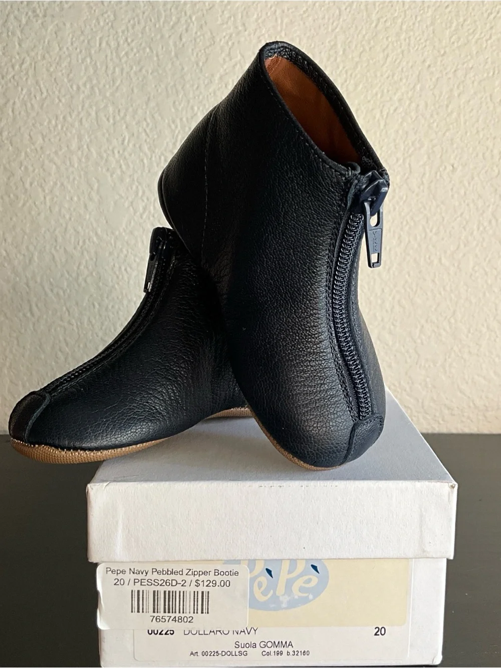 Pepe Baby Navy Blue Pebbled Leather Zipper Boots EU 20 Size 2 $129